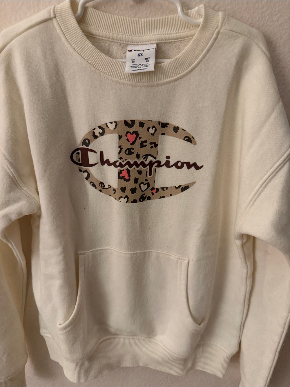 Champion Cream Crewneck with Leopard Logo and Pink Heart Details